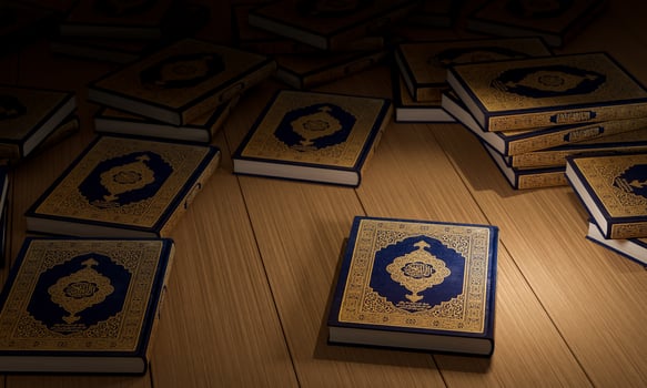 3d, Many Qurans on the wooden table, Islamic concept - The Holy Al Quran with written Arabic calligraphy meaning of Al Quran, photo