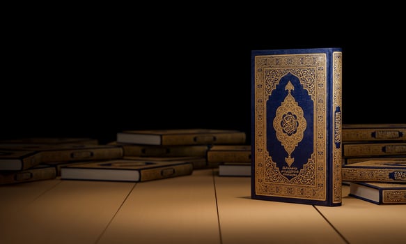 3d, Many Qurans on the wooden table, Islamic concept - The Holy Al Quran with written Arabic calligraphy meaning of Al Quran, photo
