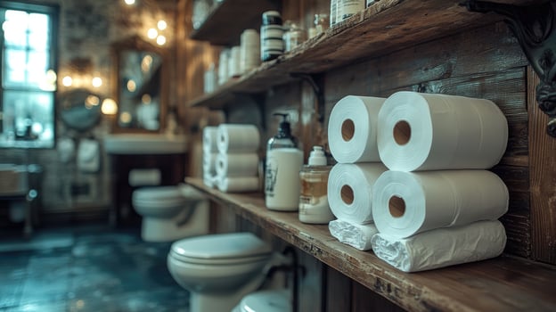Toilet paper stacks sit on rustic bathroom shelf photo