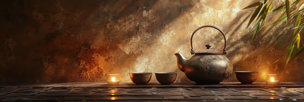 Traditional tea set arranged on bamboo table with warm lighting highlighting the scene photo