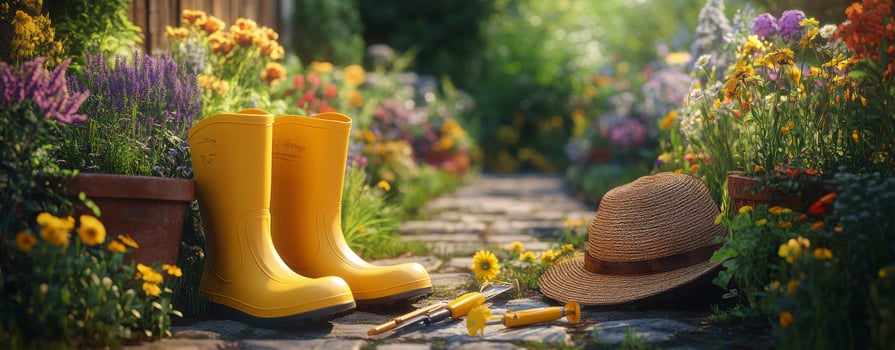 Bright garden path with flowers, gardening tools, and straw hat on a sunny afternoon photo
