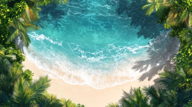 Serene tropical beach with turquoise waters and lush green foliage during bright daylight photo