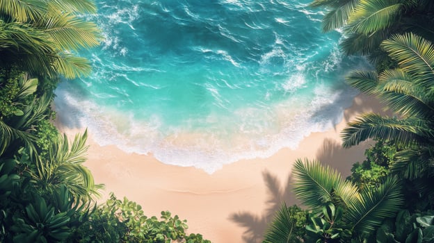 Serene tropical beach with turquoise waters and lush green foliage during bright daylight photo