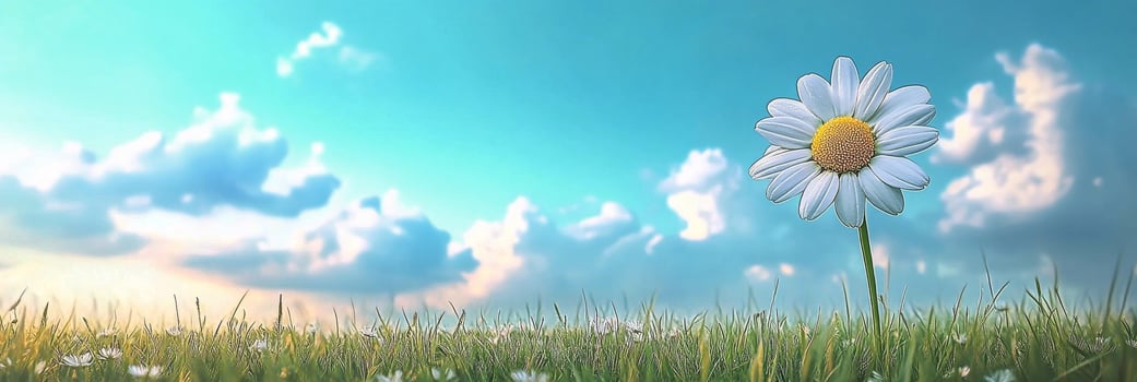 A vibrant daisy in a lush green field under a clear blue sky with fluffy clouds during daylight photo