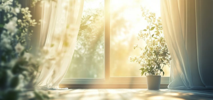 Gentle sunlight streaming through sheer curtains illuminating green plants indoors photo
