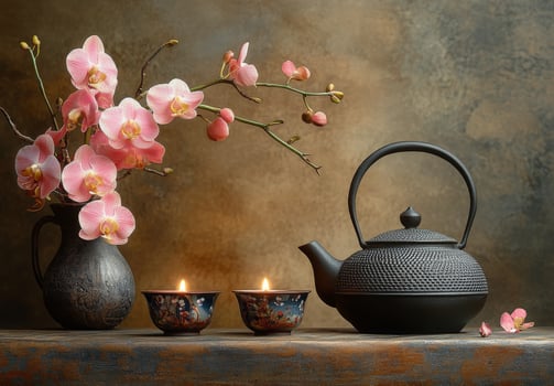 A serene tea setting with orchids, candlelight, and traditional pottery in a cozy indoor space photo