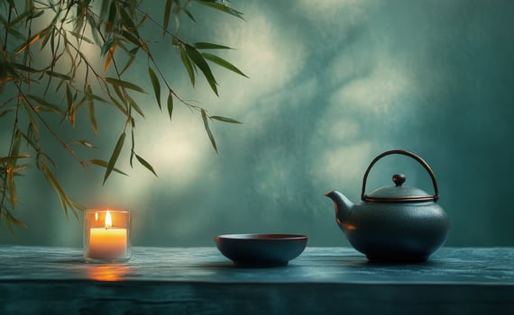 A tranquil tea setting with a teapot, candle, and wooden bowl in a serene environment photo