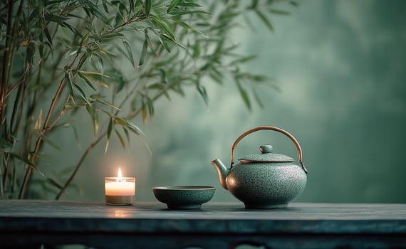 A tranquil tea setting with a teapot, candle, and wooden bowl in a serene environment photo