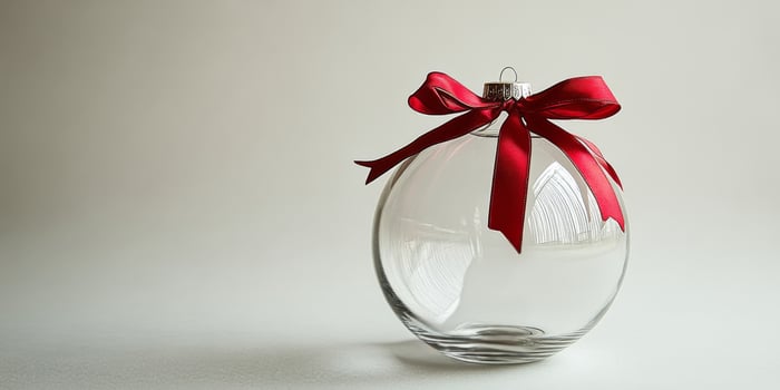 A clear glass ornament with a red ribbon sitting on a white surface during daylight hours photo