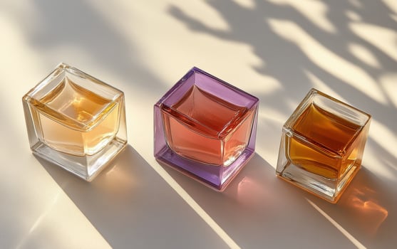 Elegant collection of three perfume bottles with soft lighting highlighting their unique designs photo