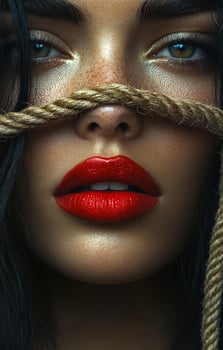 A woman with red lips and a gold rope around her face. The rope is tied around her nose and mouth photo