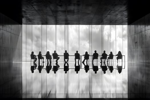 Silhouetted Business Meeting in Modern Office with Glass Walls and Reflections photo
