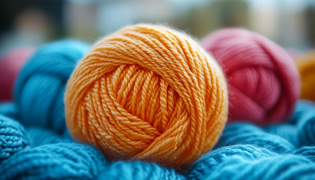 A ball of orange yarn is sitting on top of a blue and pink ball of yarn. The orange ball is the largest and is surrounded by the other two balls. Concept of warmth and comfort photo