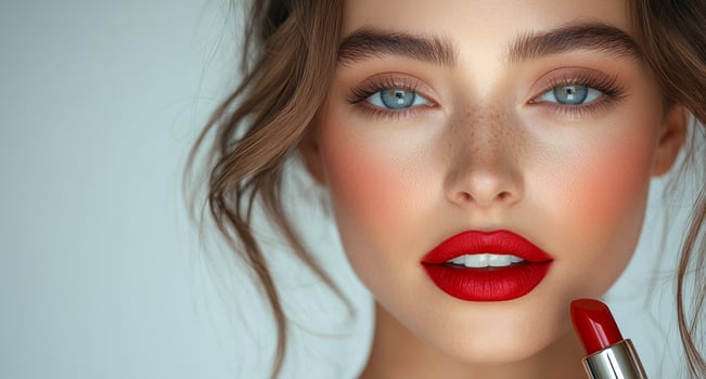 A woman with red lipstick is smiling and looking at the camera. She is wearing a red lipstick and has a red hair photo