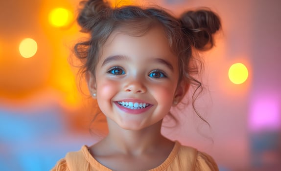 A young girl with blonde hair and blue eyes is smiling at the camera. She is wearing a yellow shirt and has her hair in pigtails photo