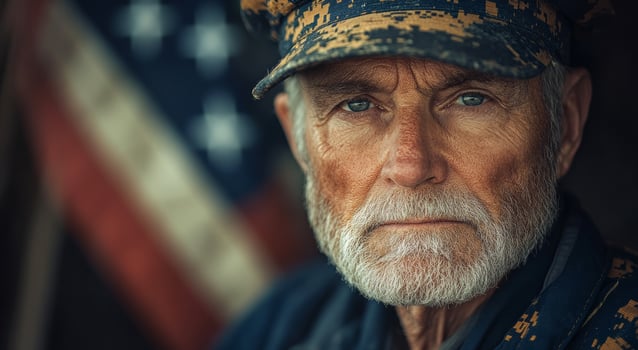 A man with a military hat and a beard is standing in front of an American flag. He looks tired and sad photo