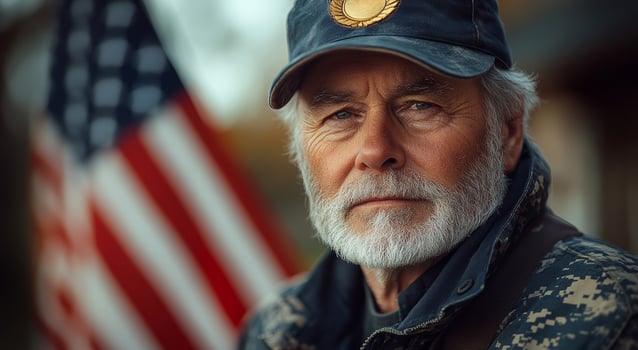 A man with a military hat and a flag behind him. He looks serious. The flag is red, white and blue photo