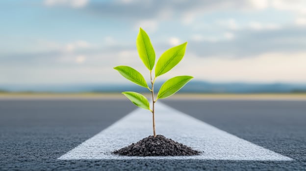 A small green plant is growing out of the ground on a road. The plant is surrounded by dirt and he is thriving in the harsh environment. Concept of resilience and hope, as the plant is able to grow photo