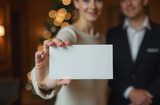 A woman holds a blank card in the foreground. in the background, a softly focused man and a christmas tree with twinkling lights create a warm, festive ambiance. photo