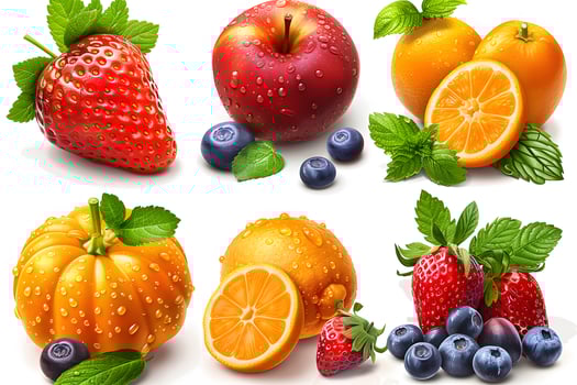 Fresh Fruits Collection Apple, Strawberry, Orange, Pumpkin with Berries Perfect for Healthy Living and Nutrition Designs photo