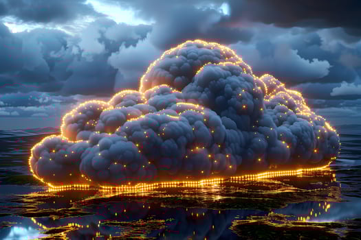 Glowing Digital Cloud Illuminated Tech Symbol Over Reflective Landscape photo