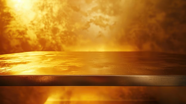 An empty table with a golden light coming from behind photo