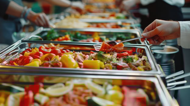 People group catering buffet food indoor in restaurant with meat colorful fruits and vegetables. photo