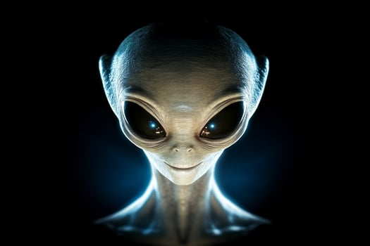 Close-up of a mysterious alien face set against a dark backdrop highlighting intense features and expression photo