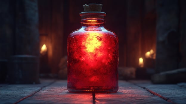 A vibrant red potion glows warmly in a dim, candle-lit environment photo