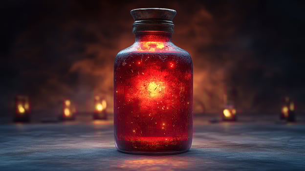 The jar radiates a mesmerizing glow, surrounded by flickering candlelight photo