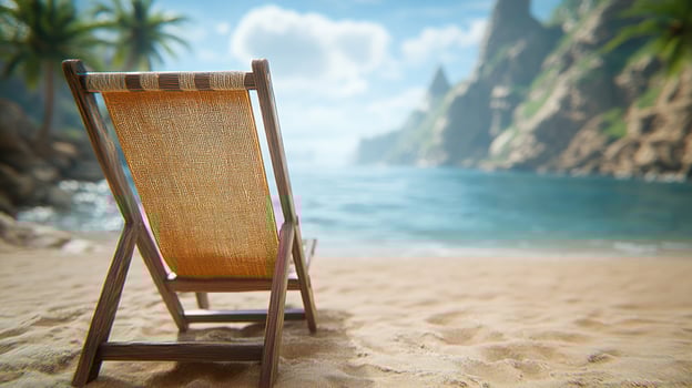 Soft sands cradle a lone lounge chair facing gentle waves under a bright sky photo