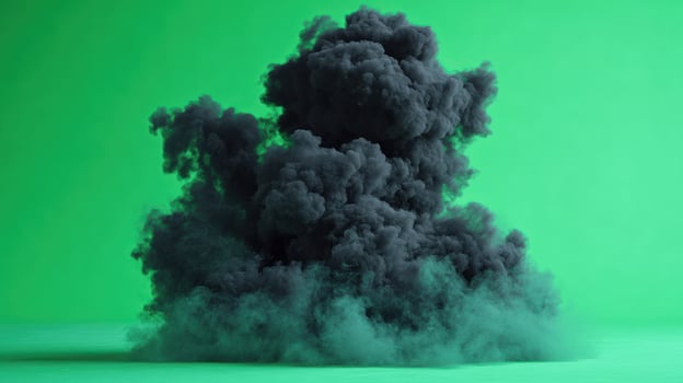 Thick black smoke rises against a vibrant green backdrop for a striking scene photo
