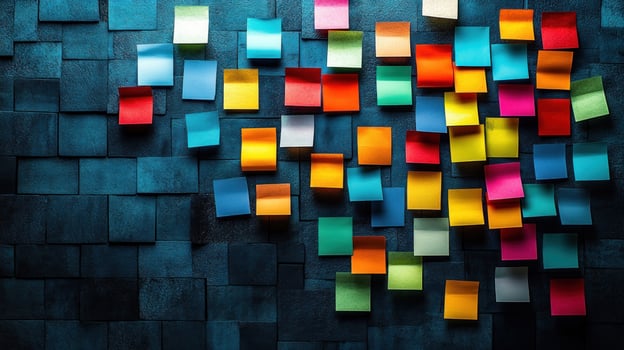 Colorful sticky notes decorate a dark blue surface, highlighting creativity and order photo