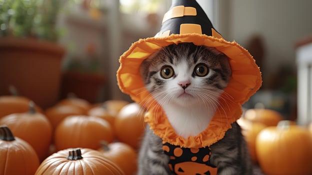 A cute kitten in a witch hat enjoys a playful moment among bright pumpkins photo