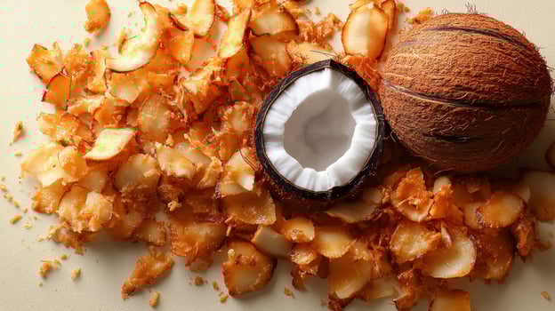Shredded coconut and a basketball create an intriguing contrast on a kitchen counter photo