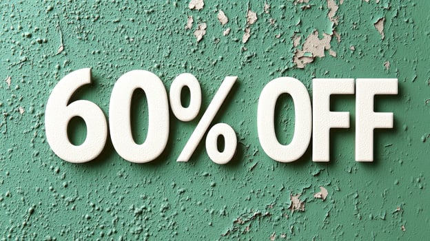 Bold letters announce a significant sale on a textured, peeling surface photo