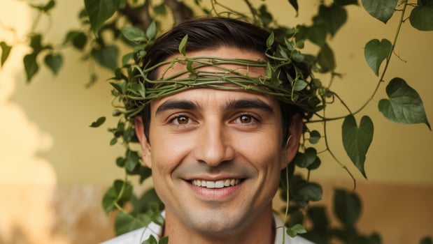 A man with a wreath of green leaves on his head photo