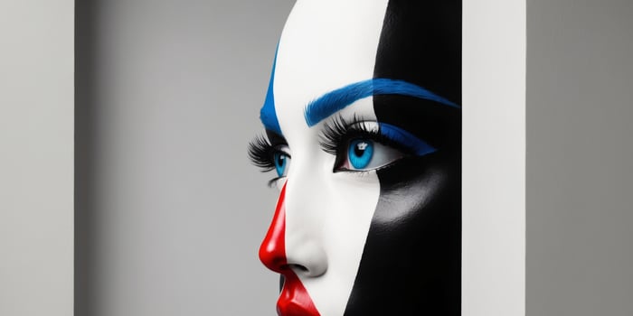 A woman's face painted with red, white and blue photo