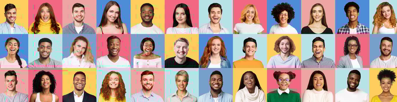Collage Of Cheerful Mixed Millennials Portraits, Different Real People Smiling Posing On Colorful Backgrounds. Panorama photo
