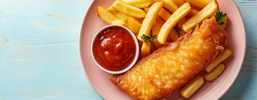 Fried fish and chips served on a pastel-colored plate with plenty of space for copy photo