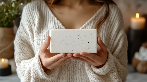 A woman holding a soap bar in front of a candle photo