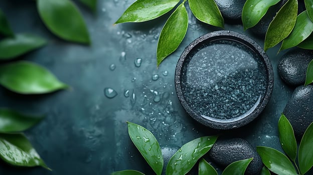 Spa stones and green leaves on a dark background photo