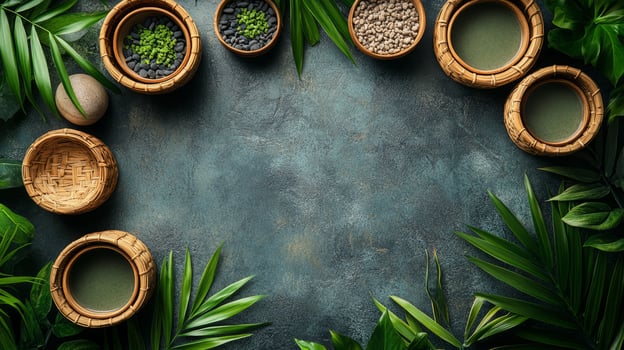 A round of green leaves and bamboo bowls on a dark background photo