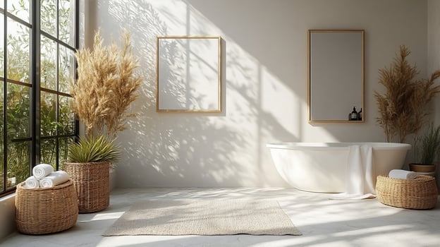 A bathroom with a large window and a tub photo