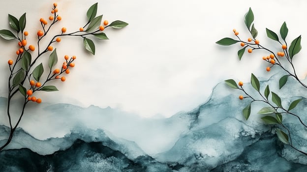 Watercolor painting of orange and green leaves on a white background photo