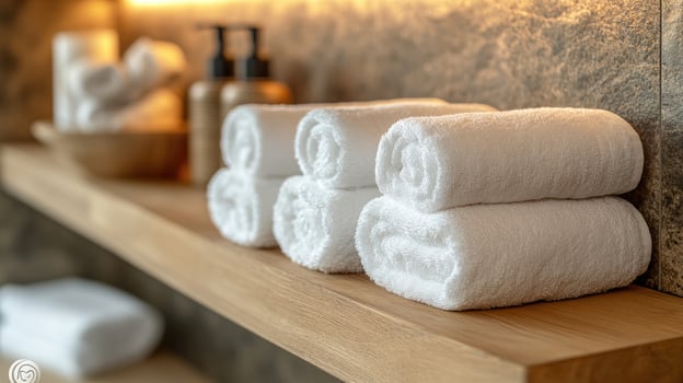 Stack of white rolled towels sitting on a wooden shelf photo
