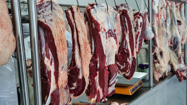 Butcher Shop Meat Hanging on Hooks photo