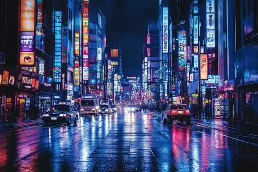 Wet asphalt reflecting vibrant neon signs in tokyo at night photo