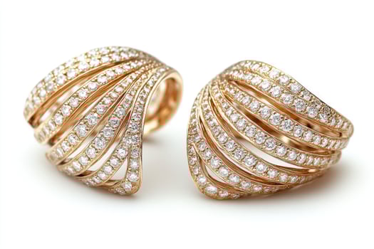 Pair of rose gold earrings sparkling with numerous diamonds photo