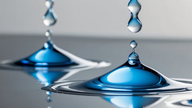 Four blue liquid drops are shown on a surface photo